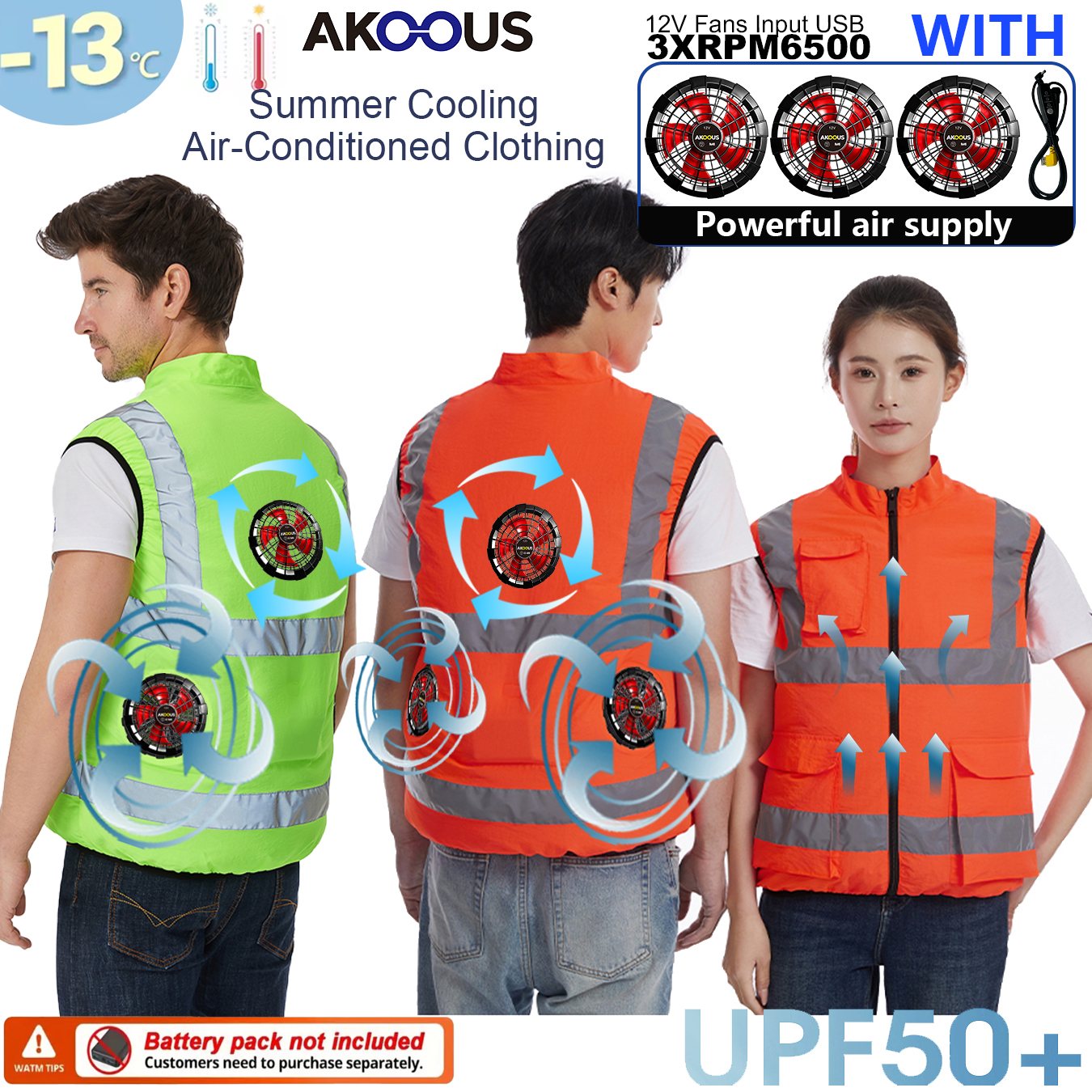Fishing Jacket Waterproof - AKOOUS 6500 RPM 12V/5V USB 3-Fans