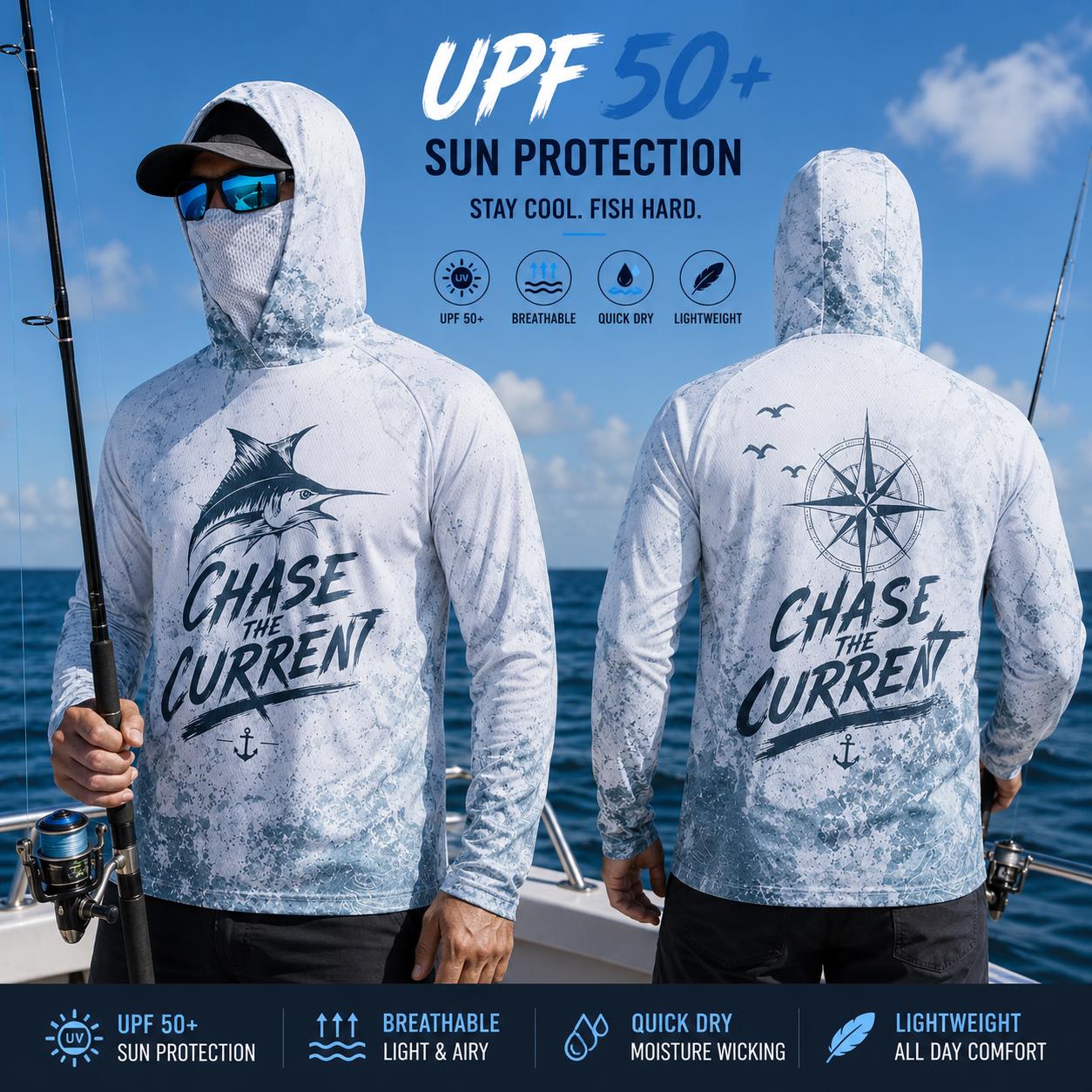Fishing Mask Sun Protection - Balıkçılık Kapüşonlu Gömlek Erkekler Uzun Kollu